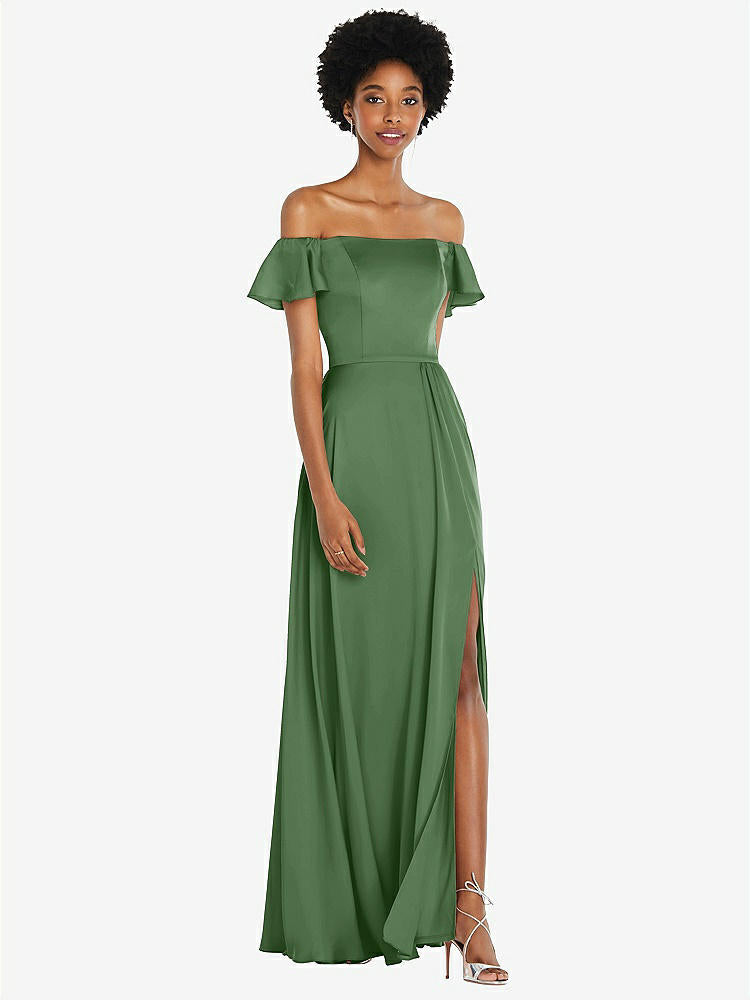 【NEW】【STYLE: 8227】ストレートネック フリル オフショルダー サテン マキシ ドレス【COLOR: Vineyard Green】【SIZE: 00-30W】