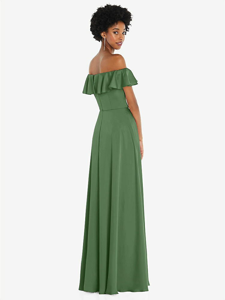 【STYLE: 8227】Straight-Neck Ruffled Off-the-Shoulder Satin Maxi Dress【COLOR: Vineyard Green】