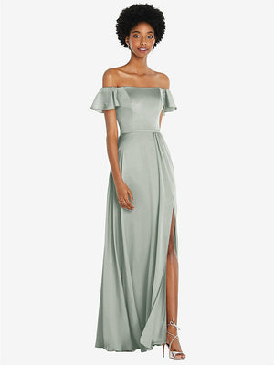 【STYLE: 8227】Straight-Neck Ruffled Off-the-Shoulder Satin Maxi Dress【COLOR: Willow Green】