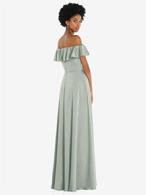【STYLE: 8227】Straight-Neck Ruffled Off-the-Shoulder Satin Maxi Dress【COLOR: Willow Green】