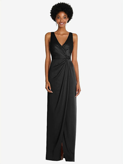 【STYLE: 6864】Faux Wrap Whisper Satin Maxi Dress with Draped Tulip Skirt【COLOR: Black】