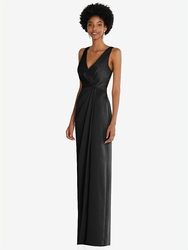 【STYLE: 6864】Faux Wrap Whisper Satin Maxi Dress with Draped Tulip Skirt【COLOR: Black】
