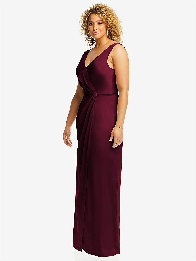 【NEW】【STYLE: 6864】フェイク ラップ ささやき サテン マキシ ドレス ドレープ チューリップ スカート【COLOR: Cabernet】【SIZE: 00-30W】