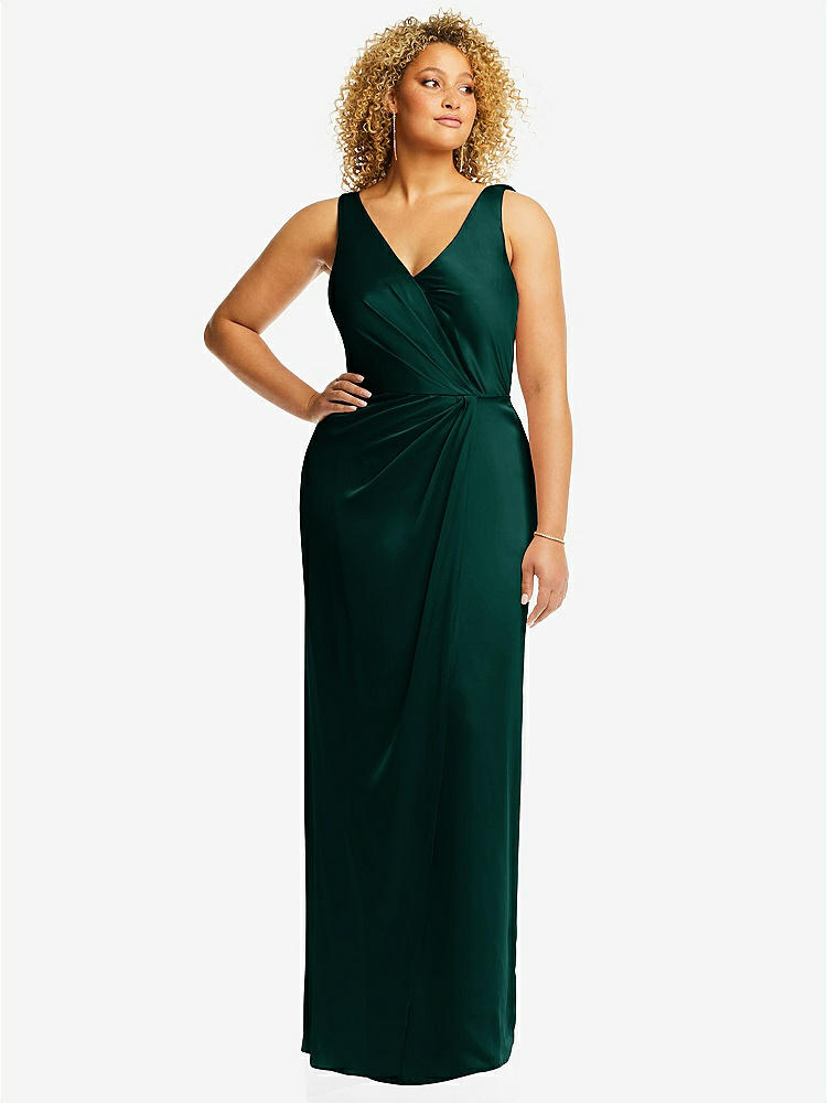 【STYLE: 6864】Faux Wrap Whisper Satin Maxi Dress with Draped Tulip Skirt【COLOR: Evergreen】