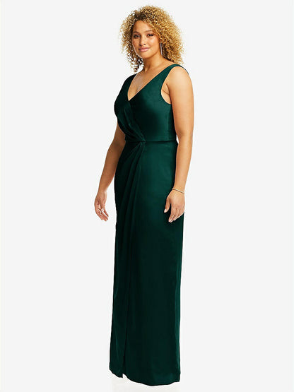 【NEW】【STYLE: 6864】フェイク ラップ ささやき サテン マキシ ドレス ドレープ チューリップ スカート【COLOR: Evergreen】【SIZE: 00-30W】