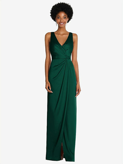 【STYLE: 6864】Faux Wrap Whisper Satin Maxi Dress with Draped Tulip Skirt【COLOR: Hunter Green】