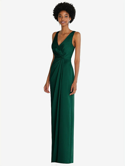 【STYLE: 6864】Faux Wrap Whisper Satin Maxi Dress with Draped Tulip Skirt【COLOR: Hunter Green】