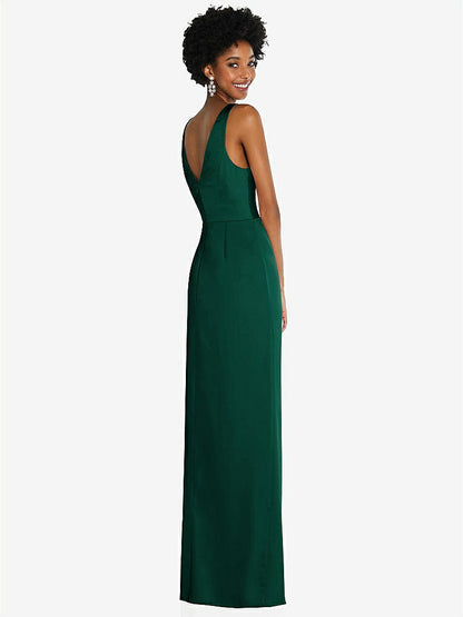 【STYLE: 6864】Faux Wrap Whisper Satin Maxi Dress with Draped Tulip Skirt【COLOR: Hunter Green】