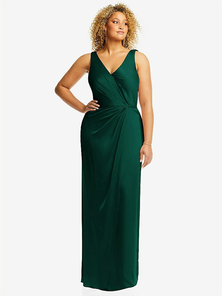 【STYLE: 6864】Faux Wrap Whisper Satin Maxi Dress with Draped Tulip Skirt【COLOR: Hunter Green】