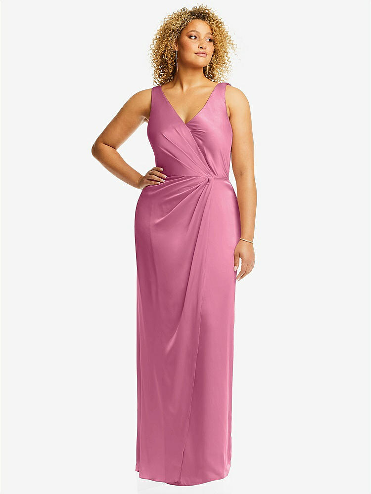 【STYLE: 6864】Faux Wrap Whisper Satin Maxi Dress with Draped Tulip Skirt【COLOR: Orchid Pink】