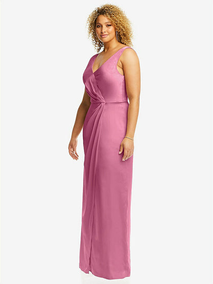 【NEW】【STYLE: 6864】フェイク ラップ ささやき サテン マキシ ドレス ドレープ チューリップ スカート【COLOR: Orchid Pink】【SIZE: 00-30W】