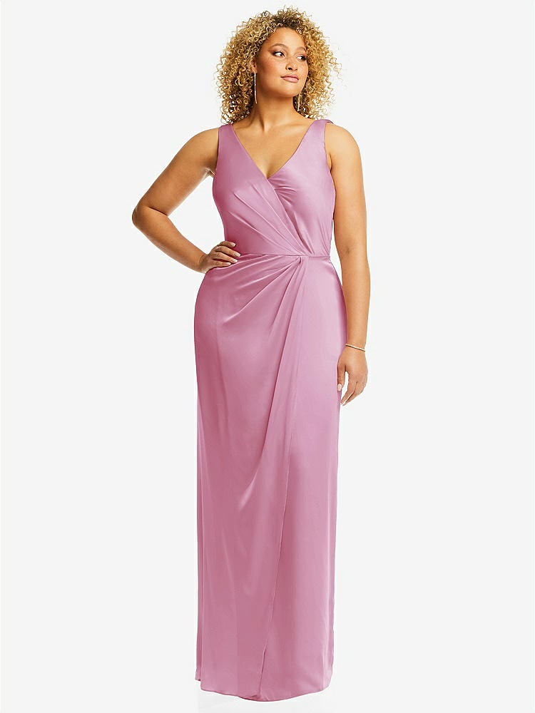 【STYLE: 6864】Faux Wrap Whisper Satin Maxi Dress with Draped Tulip Skirt【COLOR: Powder Pink】