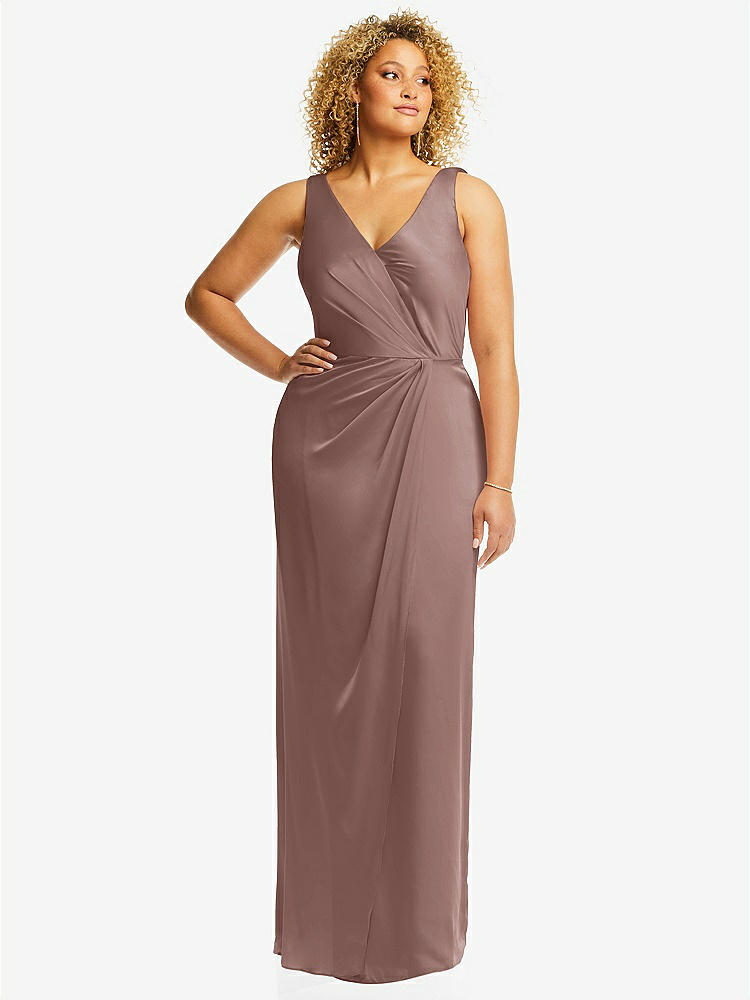 【STYLE: 6864】Faux Wrap Whisper Satin Maxi Dress with Draped Tulip Skirt【COLOR: Sienna】