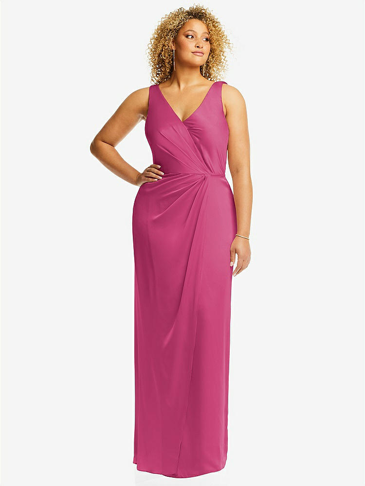 【STYLE: 6864】Faux Wrap Whisper Satin Maxi Dress with Draped Tulip Skirt【COLOR: Tea Rose】