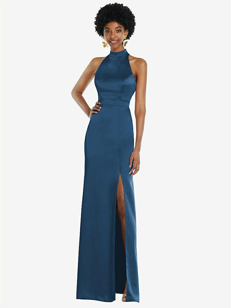 【STYLE: LB037】High Neck Backless Maxi Dress with Slim Belt【COLOR: Dusk Blue】