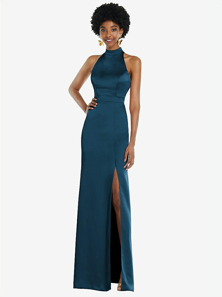 【STYLE: LB037】High Neck Backless Maxi Dress with Slim Belt【COLOR: Atlantic Blue】