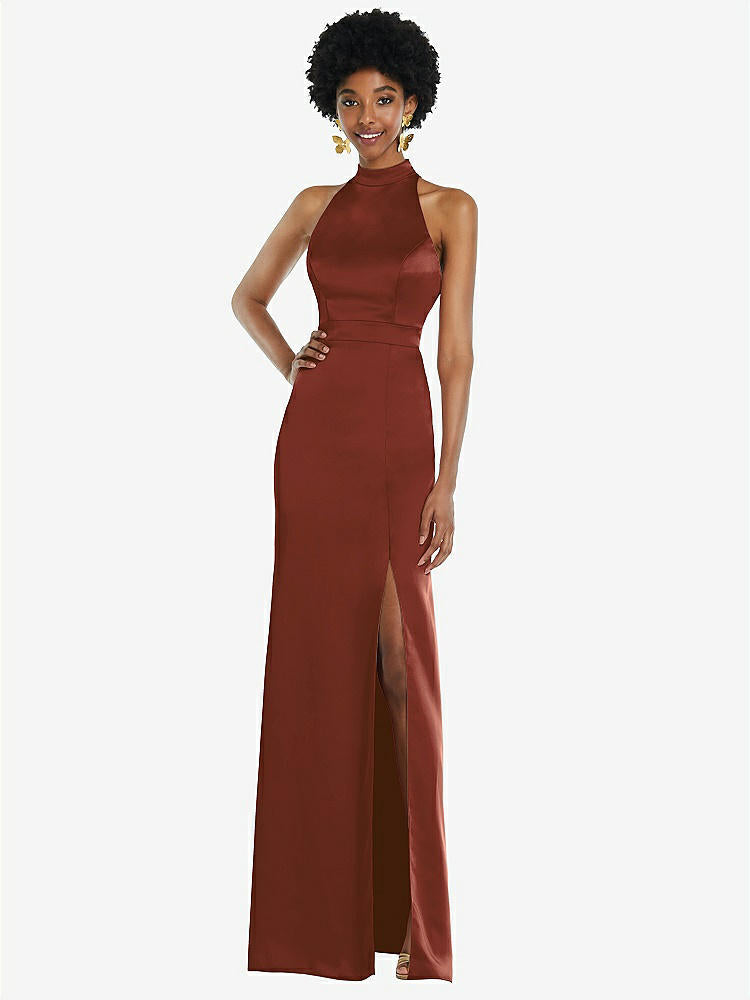 【STYLE: LB037】High Neck Backless Maxi Dress with Slim Belt【COLOR: Auburn Moon】