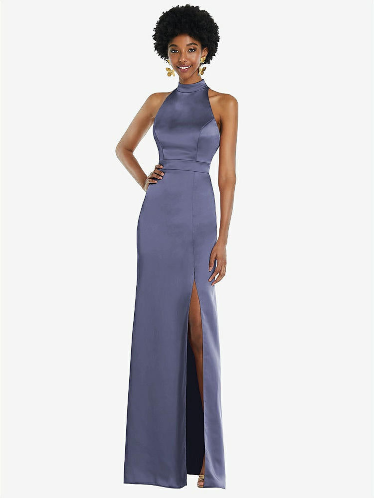 【STYLE: LB037】High Neck Backless Maxi Dress with Slim Belt【COLOR: French Blue】