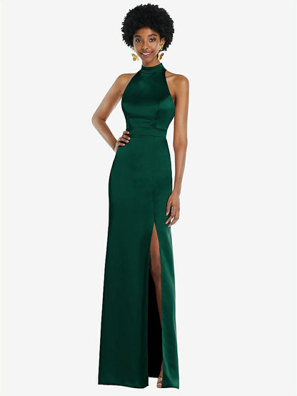 【STYLE: LB037】High Neck Backless Maxi Dress with Slim Belt【COLOR: Hunter Green】