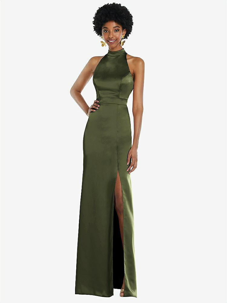 STYLE LB037 High Neck Backless Maxi Dress with Slim Belt COLOR Oliv BridesmaidsJP