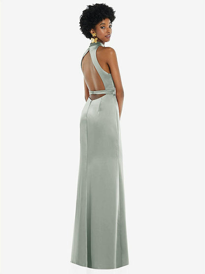 【STYLE: LB037】High Neck Backless Maxi Dress with Slim Belt【COLOR: Willow Green】
