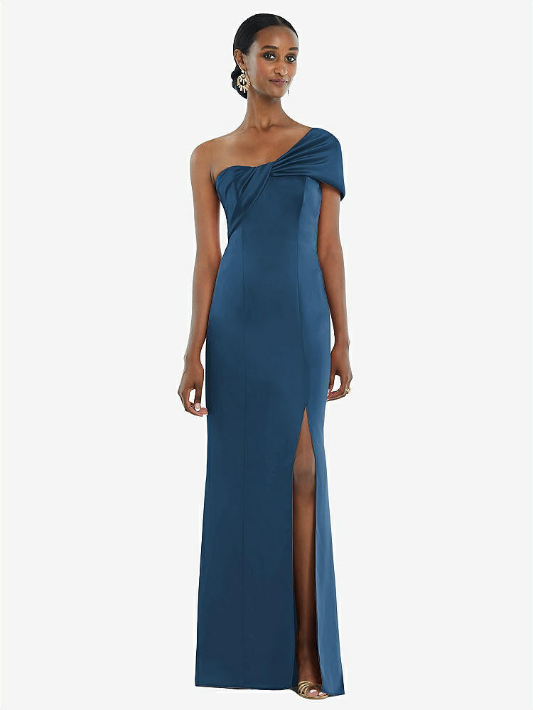 【STYLE: 3100】Twist Cuff One-Shoulder Princess Line Trumpet Gown【COLOR: Dusk Blue】