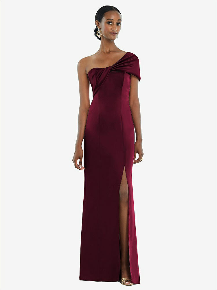【STYLE: 3100】Twist Cuff One-Shoulder Princess Line Trumpet Gown【COLOR: Cabernet】
