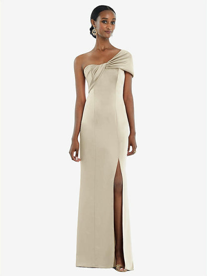 【STYLE: 3100】Twist Cuff One-Shoulder Princess Line Trumpet Gown【COLOR: Champagne】