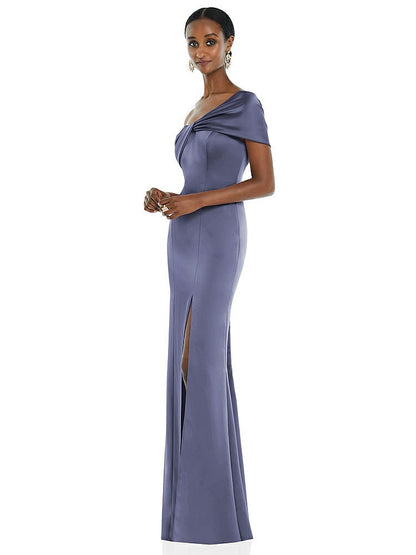 【STYLE: 3100】Twist Cuff One-Shoulder Princess Line Trumpet Gown【COLOR: French Blue】