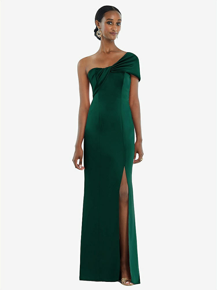 【STYLE: 3100】Twist Cuff One-Shoulder Princess Line Trumpet Gown【COLOR: Hunter Green】