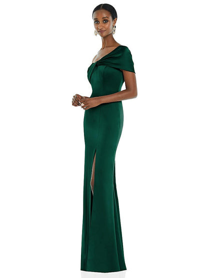 【STYLE: 3100】Twist Cuff One-Shoulder Princess Line Trumpet Gown【COLOR: Hunter Green】