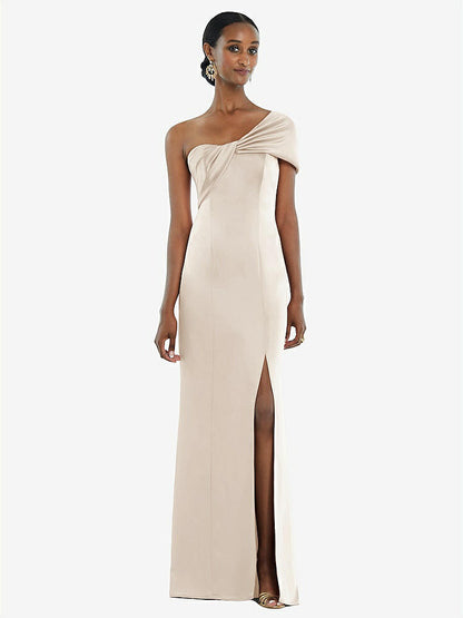 【STYLE: 3100】Twist Cuff One-Shoulder Princess Line Trumpet Gown【COLOR: Oat】