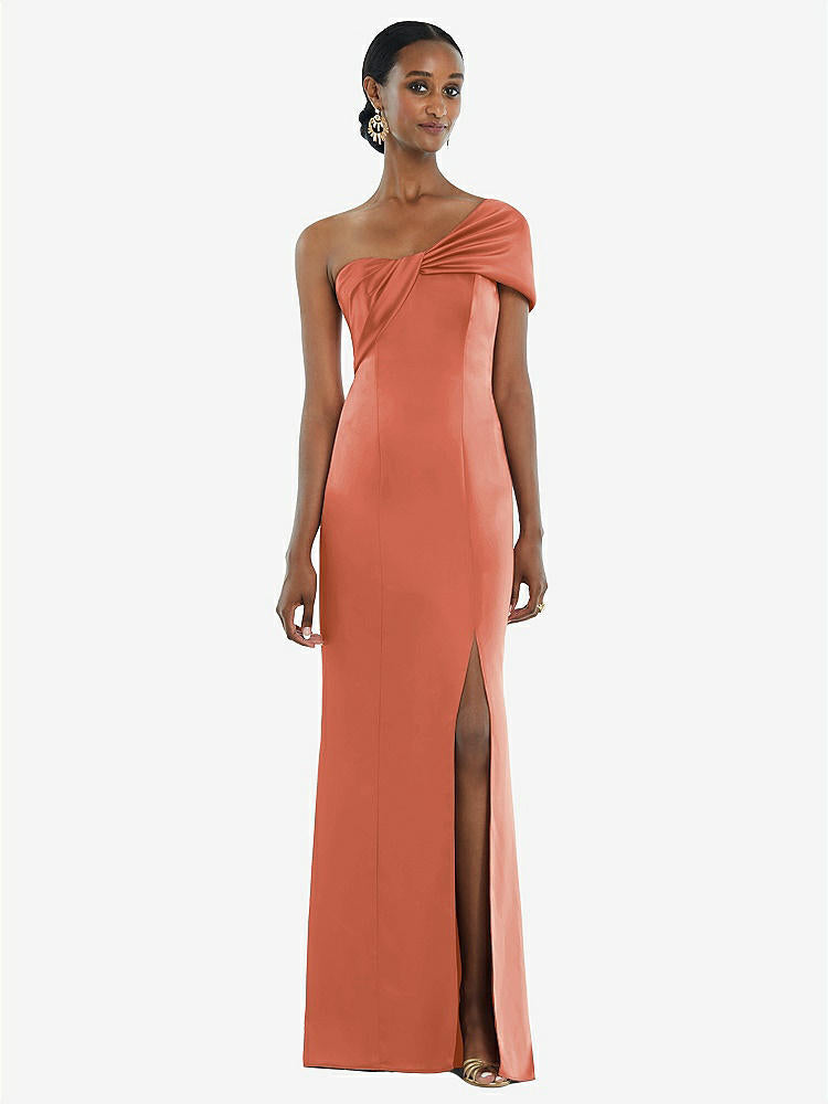 【STYLE: 3100】Twist Cuff One-Shoulder Princess Line Trumpet Gown【COLOR: Terracotta Copper】