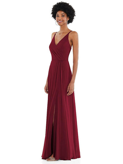 【STYLE: 1557】Faux Wrap Criss Cross Back Maxi Dress with Adjustable Straps【COLOR: Burgundy】