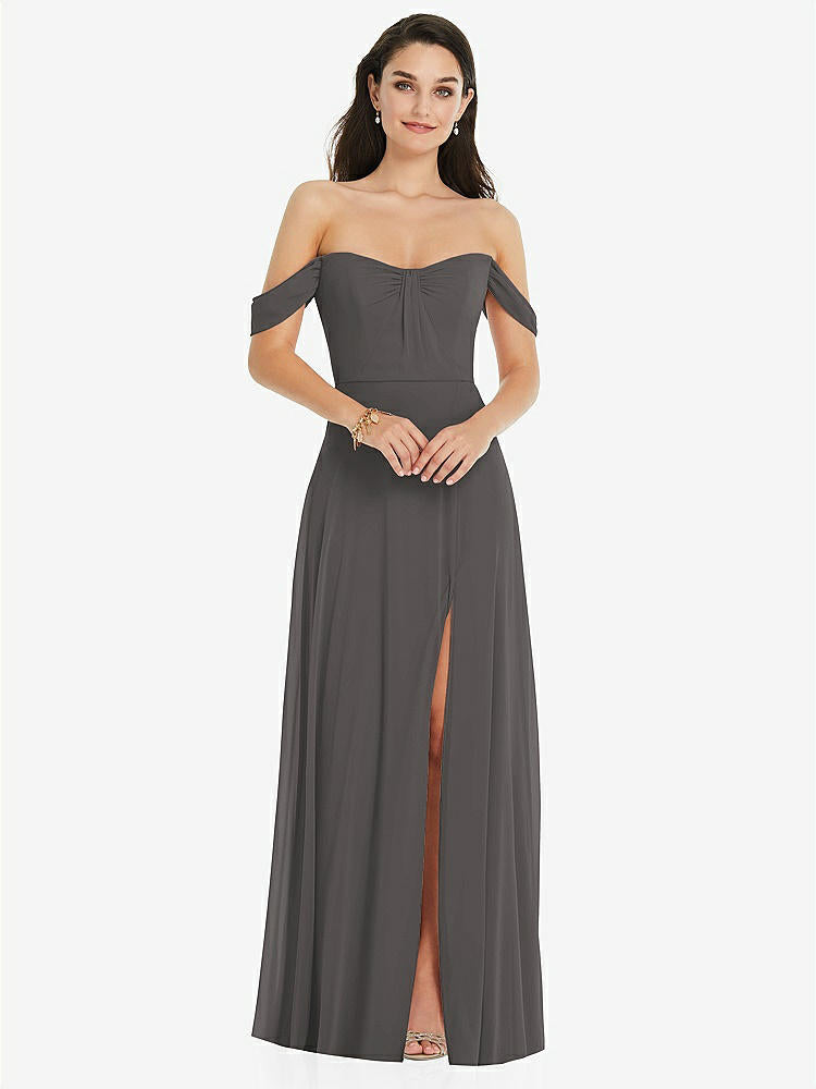 【STYLE: 3105】Off-the-Shoulder Draped Sleeve Maxi Dress with Front Slit【COLOR: Caviar Gray】