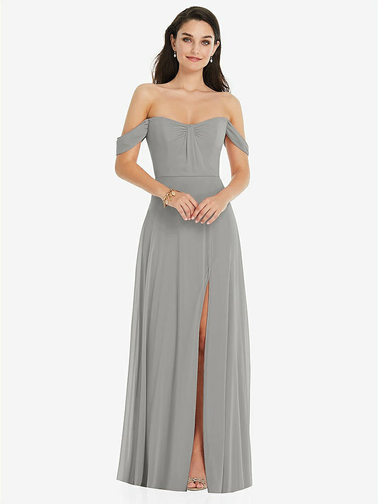 【STYLE: 3105】Off-the-Shoulder Draped Sleeve Maxi Dress with Front Slit【COLOR: Chelsea Gray】
