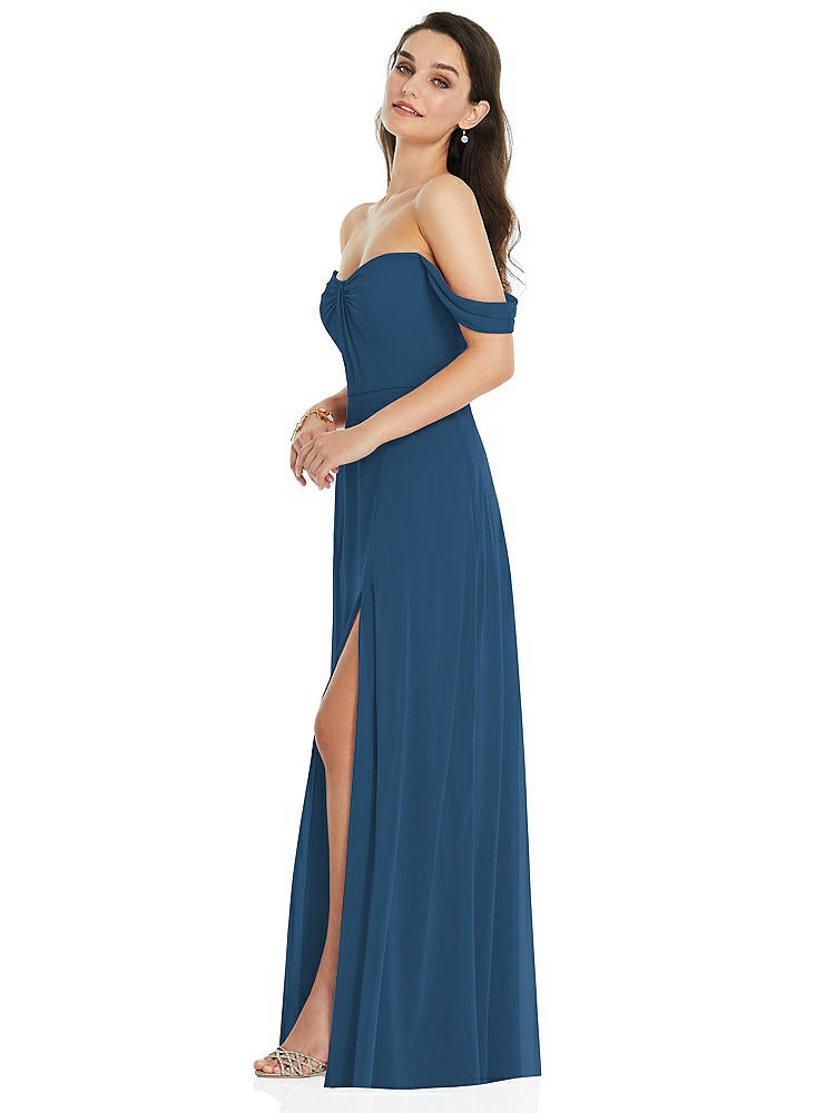 【NEW】【STYLE: 3105】オフショルダー ドレープ 袖 マキシ ドレス 前面 スリット【COLOR: Dusk Blue】【SIZE: 00-30W】