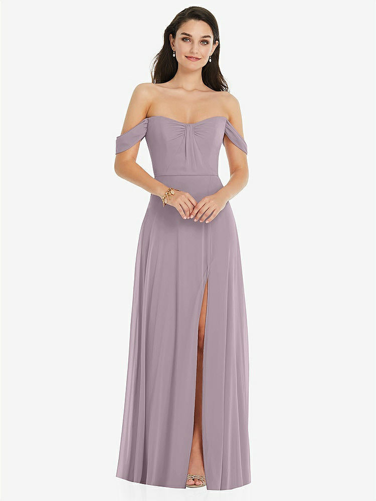 【NEW】【STYLE: 3105】オフショルダー ドレープ 袖 マキシ ドレス 前面 スリット【COLOR: Lilac Dusk】【SIZE: 00-30W】