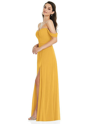 【STYLE: 3105】Off-the-Shoulder Draped Sleeve Maxi Dress with Front Slit【COLOR: NYC Yellow】