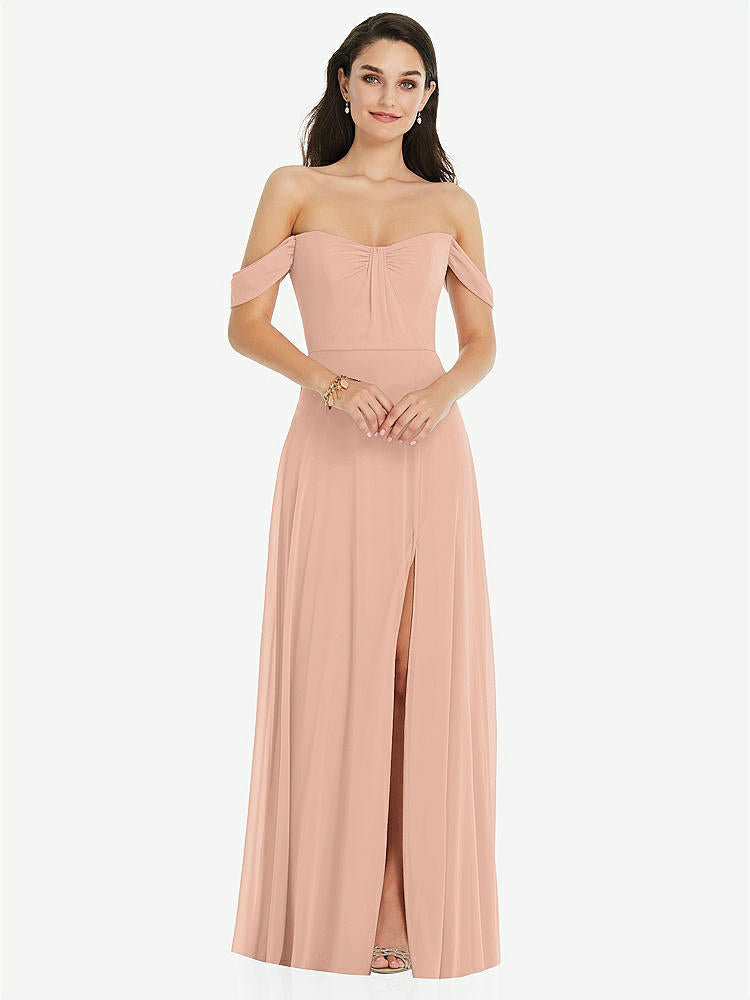 【STYLE: 3105】Off-the-Shoulder Draped Sleeve Maxi Dress with Front Slit【COLOR: Pale Peach】