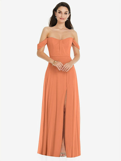 【STYLE: 3105】Off-the-Shoulder Draped Sleeve Maxi Dress with Front Slit【COLOR: Sweet Melon】