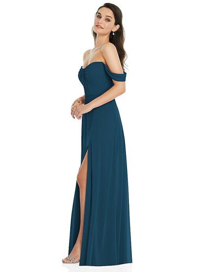 【NEW】【STYLE: 3105】オフショルダー ドレープ 袖 マキシ ドレス 前面 スリット【COLOR: Atlantic Blue】【SIZE: 00-30W】