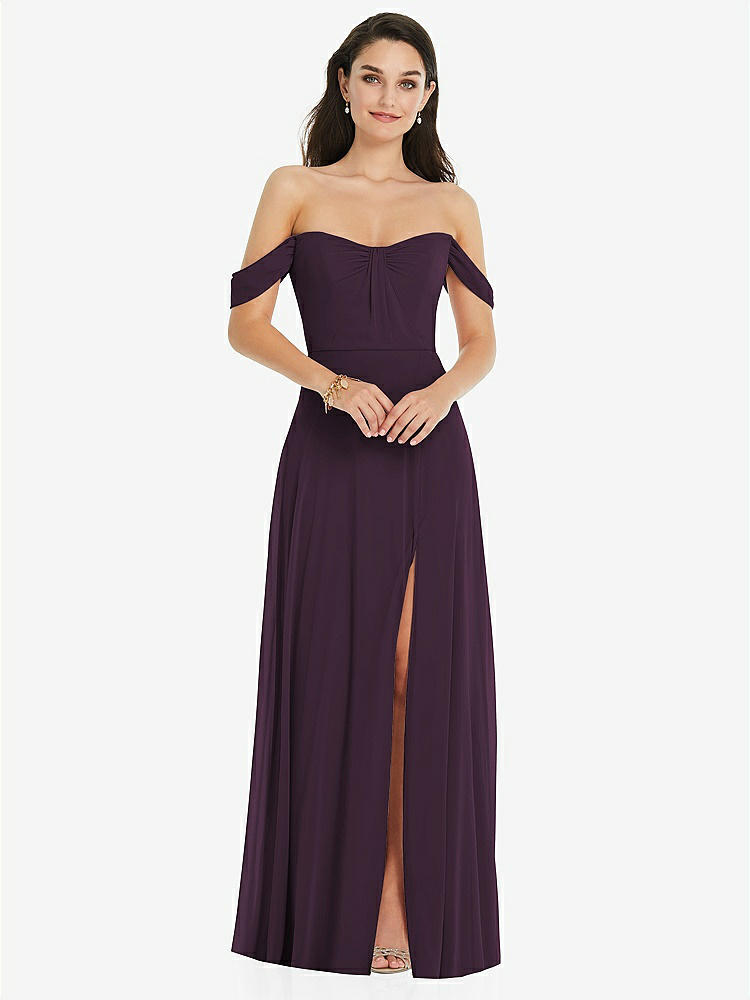 【STYLE: 3105】Off-the-Shoulder Draped Sleeve Maxi Dress with Front Slit【COLOR: Aubergine】