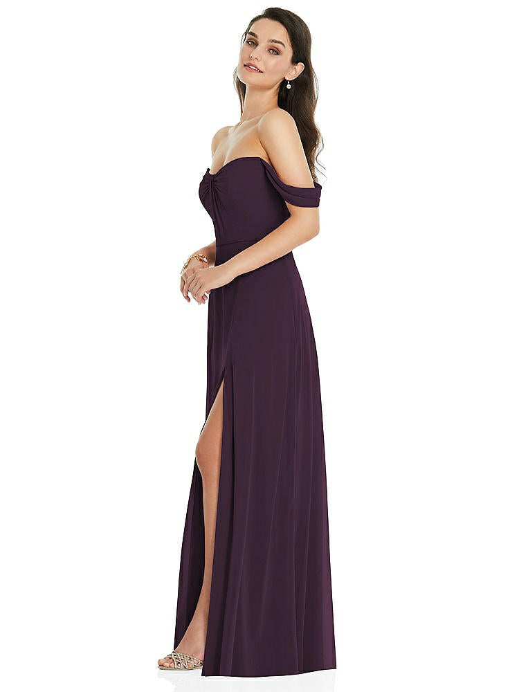 【NEW】【STYLE: 3105】オフショルダー ドレープ 袖 マキシ ドレス 前面 スリット【COLOR: Aubergine】【SIZE: 00-30W】