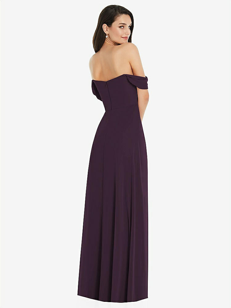 【NEW】【STYLE: 3105】オフショルダー ドレープ 袖 マキシ ドレス 前面 スリット【COLOR: Aubergine】【SIZE: 00-30W】