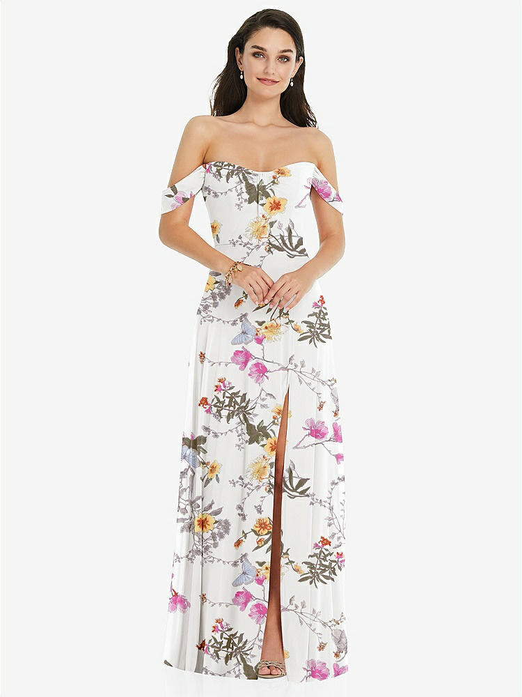 【STYLE: 3105】Off-the-Shoulder Draped Sleeve Maxi Dress with Front Slit【COLOR: Butterfly Botanica Ivory】