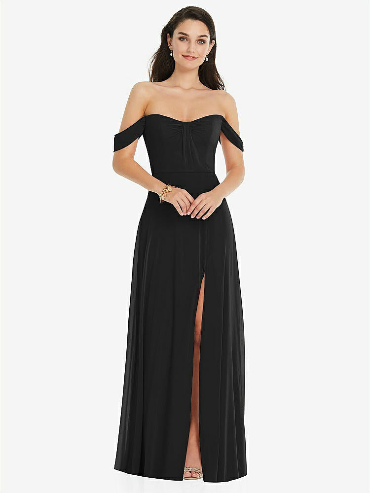 【STYLE: 3105】Off-the-Shoulder Draped Sleeve Maxi Dress with Front Slit【COLOR: Black】