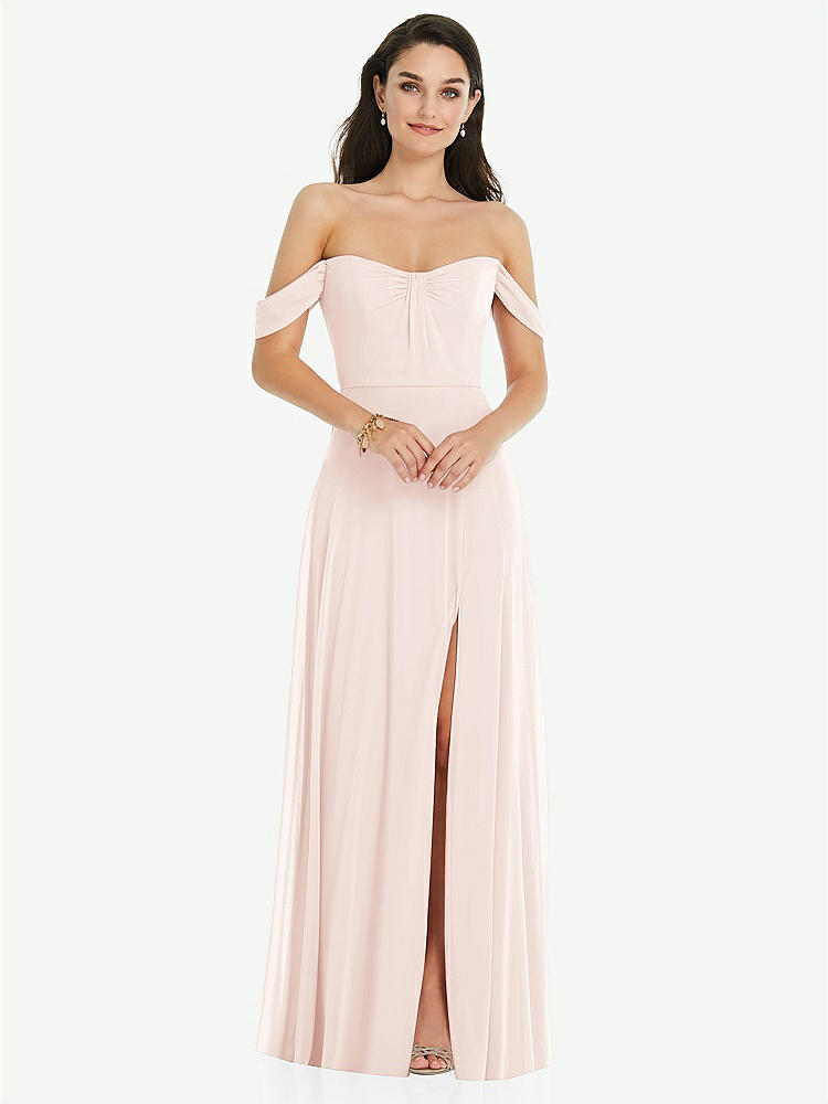 【STYLE: 3105】Off-the-Shoulder Draped Sleeve Maxi Dress with Front Slit【COLOR: Blush】