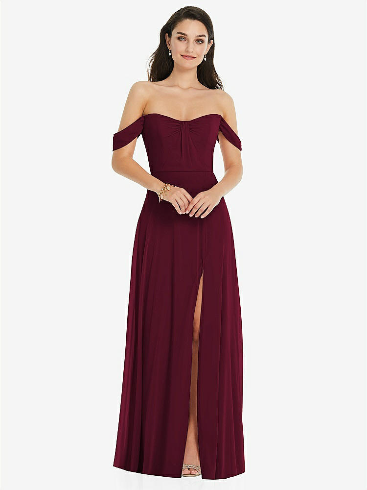 【STYLE: 3105】Off-the-Shoulder Draped Sleeve Maxi Dress with Front Slit【COLOR: Cabernet】