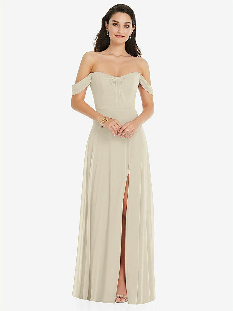 【STYLE: 3105】Off-the-Shoulder Draped Sleeve Maxi Dress with Front Slit【COLOR: Champagne】
